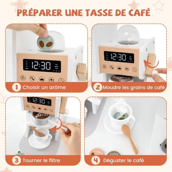 Cuisine de Jeu d'Angle en Bois avec Lumières et Sons Machine à Café Micro-Ondes Four Machine à Laver pour 3+ ans Marron/Rose/Blanc