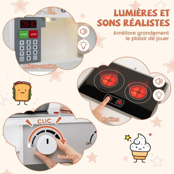 Cuisine de Jeu d'Angle en Bois avec Lumières et Sons Machine à Café Micro-Ondes Four Machine à Laver pour 3+ ans Marron/Rose/Blanc