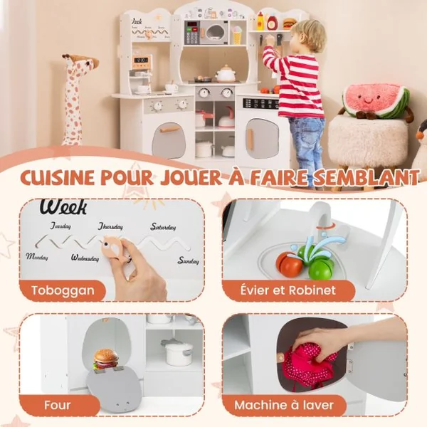 Cuisine de Jeu d'Angle en Bois avec Lumières et Sons Machine à Café Micro-Ondes Four Machine à Laver pour 3+ ans Marron/Rose/Blanc