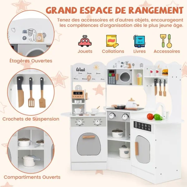 Cuisine de Jeu d'Angle en Bois avec Lumières et Sons Machine à Café Micro-Ondes Four Machine à Laver pour 3+ ans Marron/Rose/Blanc