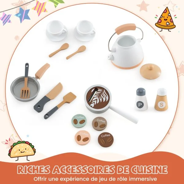 Cuisine de Jeu d'Angle en Bois avec Lumières et Sons Machine à Café Micro-Ondes Four Machine à Laver pour 3+ ans Marron/Rose/Blanc