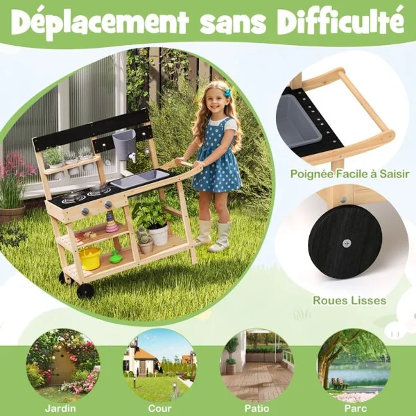 Cuisine de Jeu d’Extérieur à Roulettes Tableau Noir Pots de Fleurs Evier Réservoir d’eau Robinet Etagères Accessoires pour 3+ Ans Naturel