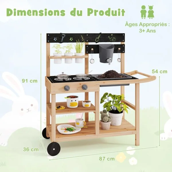 Cuisine de Jeu d’Extérieur à Roulettes Tableau Noir Pots de Fleurs Evier Réservoir d’eau Robinet Etagères Accessoires pour 3+ Ans Naturel