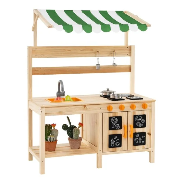 Cuisine de Jeu en Bois avec Auvent Evier Amovible 4 Cuisinières Boutons Rotatifs Tableaux Noirs avec Accessoires pour 3+ Ans Naturel