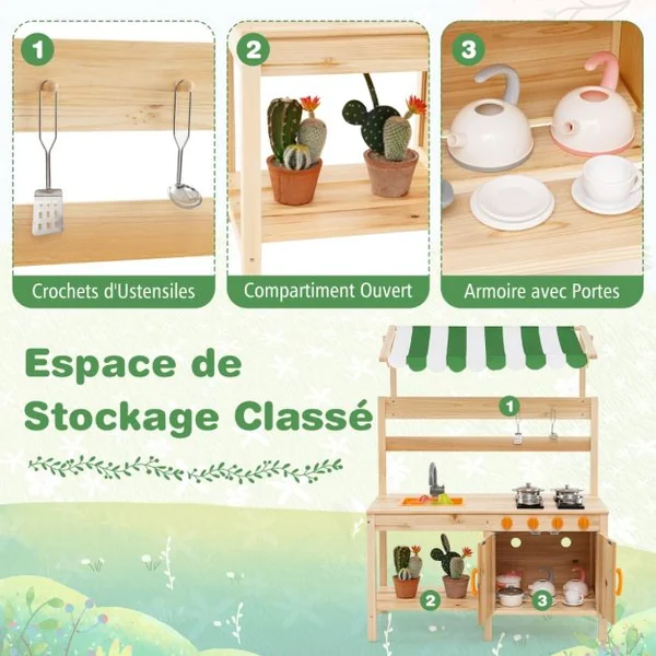 Cuisine de Jeu en Bois avec Auvent Evier Amovible 4 Cuisinières Boutons Rotatifs Tableaux Noirs avec Accessoires pour 3+ Ans Naturel