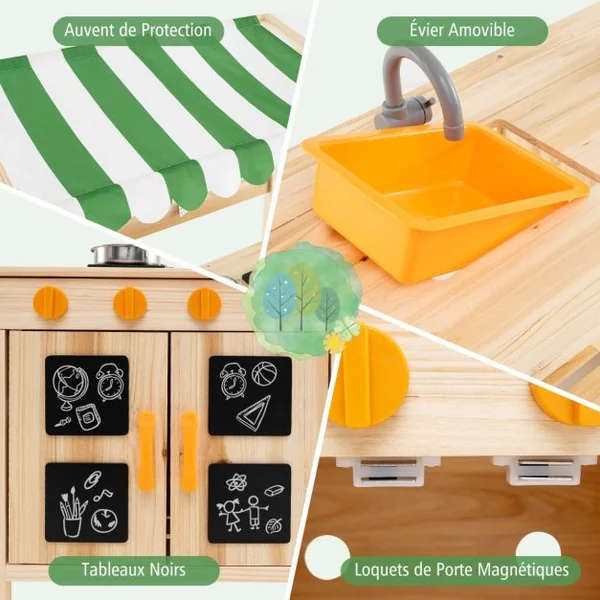Cuisine de Jeu en Bois avec Auvent Evier Amovible 4 Cuisinières Boutons Rotatifs Tableaux Noirs avec Accessoires pour 3+ Ans Naturel