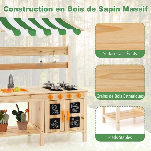 Cuisine de Jeu en Bois avec Auvent Evier Amovible 4 Cuisinières Boutons Rotatifs Tableaux Noirs avec Accessoires pour 3+ Ans Naturel