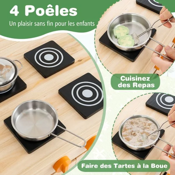 Cuisine de Jeu en Bois avec Auvent Evier Amovible 4 Cuisinières Boutons Rotatifs Tableaux Noirs avec Accessoires pour 3+ Ans Naturel
