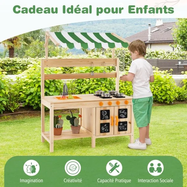 Cuisine de Jeu en Bois avec Auvent Evier Amovible 4 Cuisinières Boutons Rotatifs Tableaux Noirs avec Accessoires pour 3+ Ans Naturel