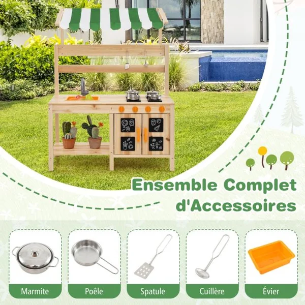 Cuisine de Jeu en Bois avec Auvent Evier Amovible 4 Cuisinières Boutons Rotatifs Tableaux Noirs avec Accessoires pour 3+ Ans Naturel