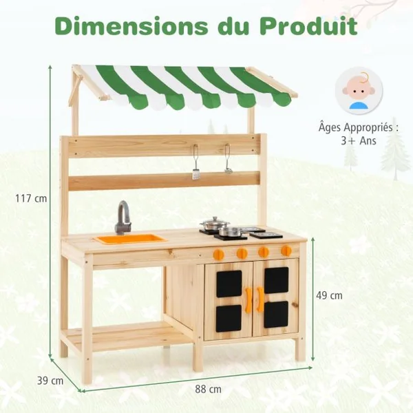 Cuisine de Jeu en Bois avec Auvent Evier Amovible 4 Cuisinières Boutons Rotatifs Tableaux Noirs avec Accessoires pour 3+ Ans Naturel