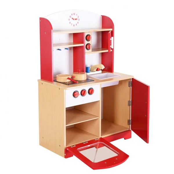 Cuisine de jeu en bois pour enfants Jeu de cuisine avec accessoires évier four micro-ondes tiroirs, 61x33x93cm, Rouge