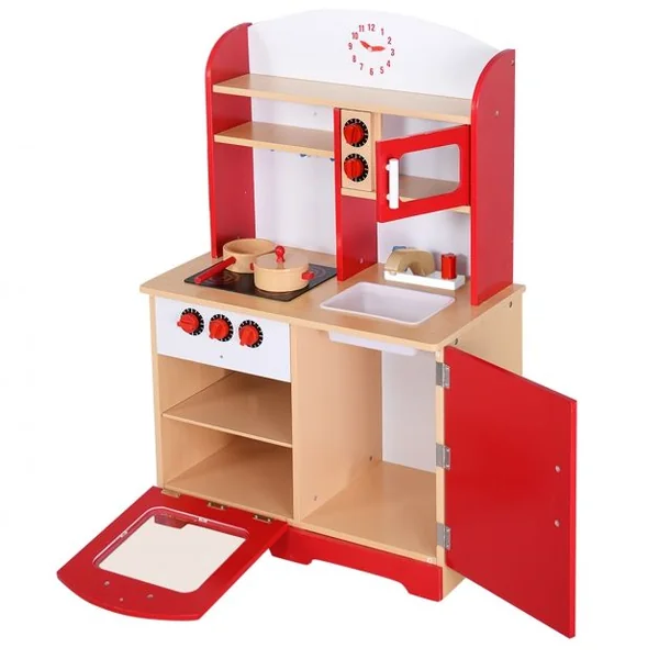 Cuisine de jeu en bois pour enfants Jeu de cuisine avec accessoires évier four micro-ondes tiroirs, 61x33x93cm, Rouge