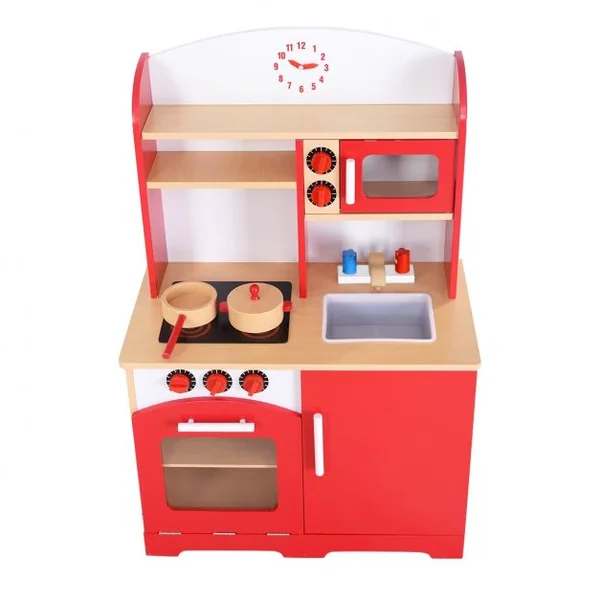 Cuisine de jeu en bois pour enfants Jeu de cuisine avec accessoires évier four micro-ondes tiroirs, 61x33x93cm, Rouge