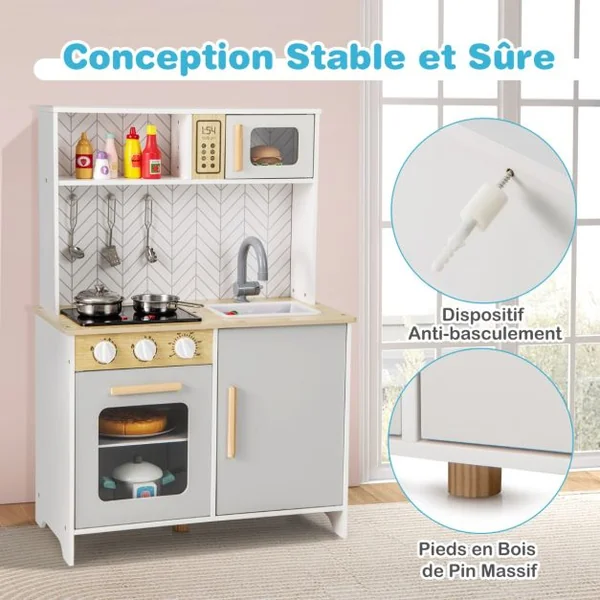 Cuisine de Jeu en Bois pour Enfants Lumières Sons Micro-Ondes Cuisinières Evier Four et Accessoires de Cuisine pour les 3+ Ans Blanc