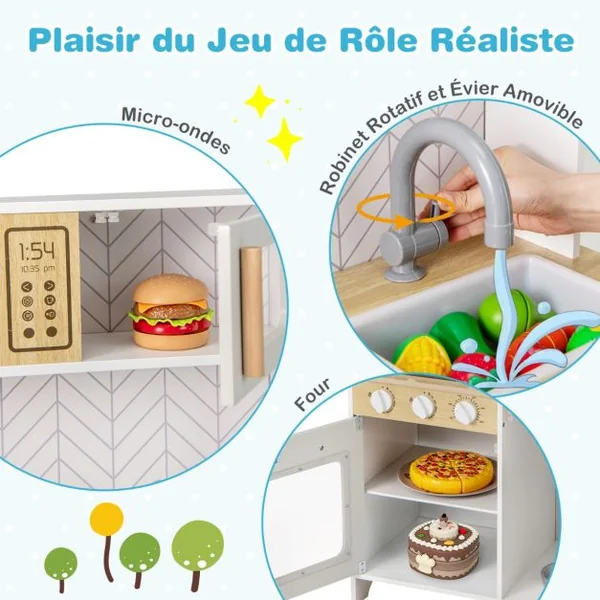 Cuisine de Jeu en Bois pour Enfants Lumières Sons Micro-Ondes Cuisinières Evier Four et Accessoires de Cuisine pour les 3+ Ans Blanc