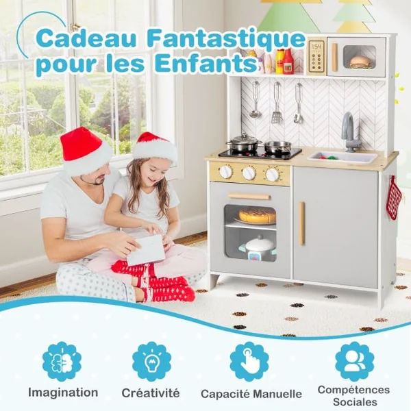 Cuisine de Jeu en Bois pour Enfants Lumières Sons Micro-Ondes Cuisinières Evier Four et Accessoires de Cuisine pour les 3+ Ans Blanc