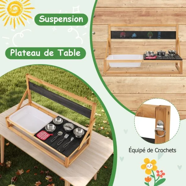 Cuisine de Jeu Murale/de Table en Bois de Sapin avec Crochets de Suspension Tableau Noir Evier Accessoires Chiffon pour 3+ ans Naturel