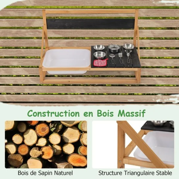 Cuisine de Jeu Murale/de Table en Bois de Sapin avec Crochets de Suspension Tableau Noir Evier Accessoires Chiffon pour 3+ ans Naturel