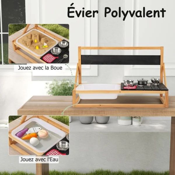 Cuisine de Jeu Murale/de Table en Bois de Sapin avec Crochets de Suspension Tableau Noir Evier Accessoires Chiffon pour 3+ ans Naturel