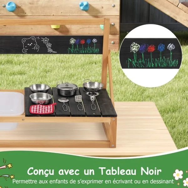 Cuisine de Jeu Murale/de Table en Bois de Sapin avec Crochets de Suspension Tableau Noir Evier Accessoires Chiffon pour 3+ ans Naturel