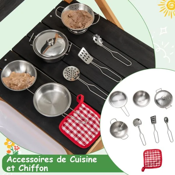 Cuisine de Jeu Murale/de Table en Bois de Sapin avec Crochets de Suspension Tableau Noir Evier Accessoires Chiffon pour 3+ ans Naturel