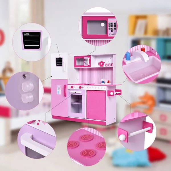 Cuisine de Jeu pour Enfants avec Accessoires Jeu de Cuisine avec Évier Robinet Micro-ondes, en MDF 98x31x102cm, Rose