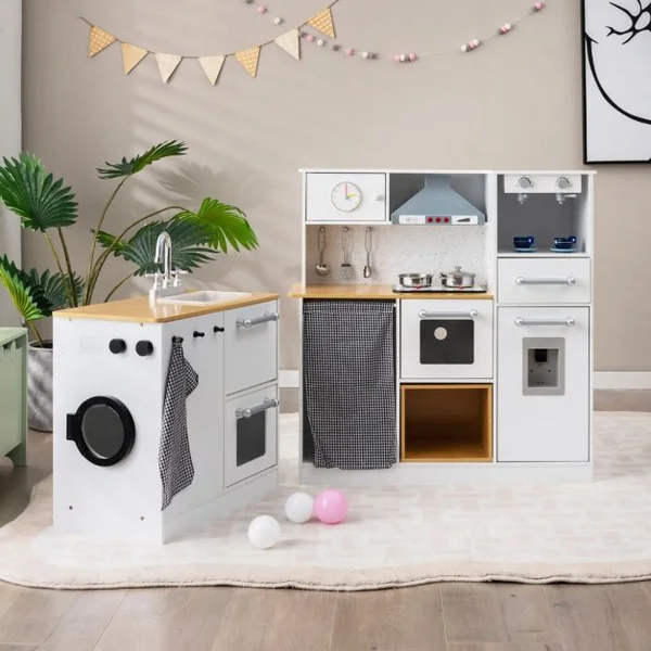 Cuisine d’Imitation Enfants en Bois avec Tabouret et Machine à Laver Cafetière Distributeur d'Eaupour Enfants 3 Ans+