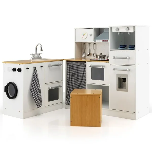 Cuisine d’Imitation Enfants en Bois avec Tabouret et Machine à Laver Cafetière Distributeur d'Eaupour Enfants 3 Ans+