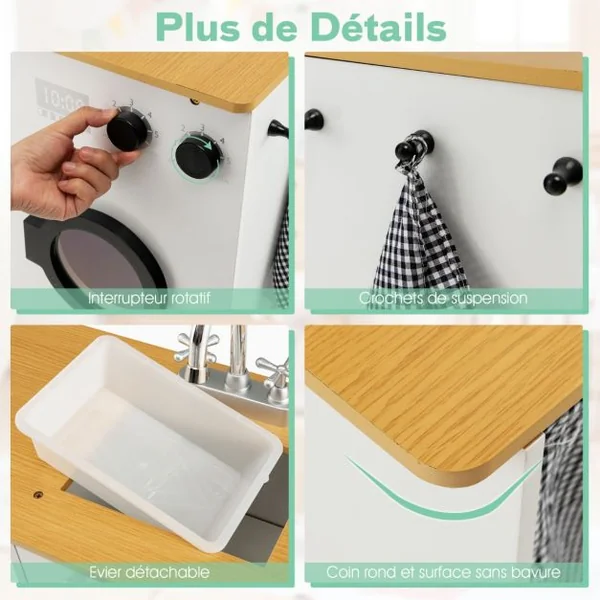 Cuisine d’Imitation Enfants en Bois avec Tabouret et Machine à Laver Cafetière Distributeur d'Eaupour Enfants 3 Ans+