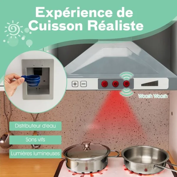 Cuisine d’Imitation Enfants en Bois avec Tabouret et Machine à Laver Cafetière Distributeur d'Eaupour Enfants 3 Ans+