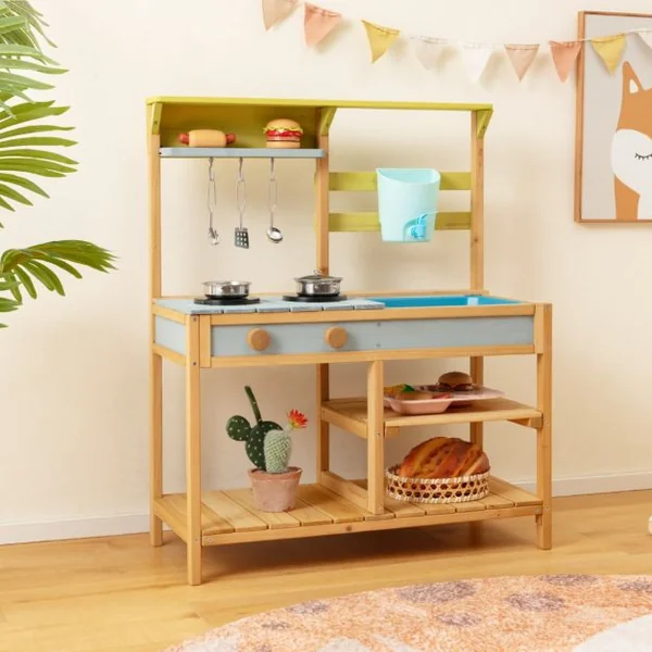 Cuisine en Bois Enfants avec Réservoir à Eau 700 ml & Robinet Jeu de Cuisine Enfants avec Bouton Rotatif Etagère Amovible pour Enfants de 3-8 Ans