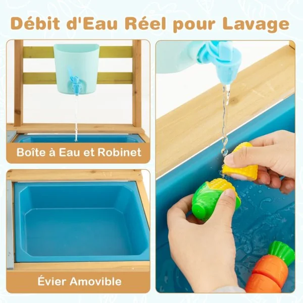 Cuisine en Bois Enfants avec Réservoir à Eau 700 ml & Robinet Jeu de Cuisine Enfants avec Bouton Rotatif Etagère Amovible pour Enfants de 3-8 Ans