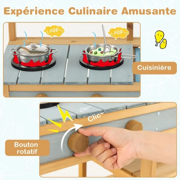 Cuisine en Bois Enfants avec Réservoir à Eau 700 ml & Robinet Jeu de Cuisine Enfants avec Bouton Rotatif Etagère Amovible pour Enfants de 3-8 Ans