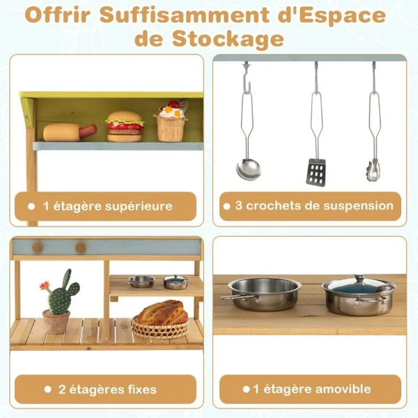 Cuisine en Bois Enfants avec Réservoir à Eau 700 ml & Robinet Jeu de Cuisine Enfants avec Bouton Rotatif Etagère Amovible pour Enfants de 3-8 Ans
