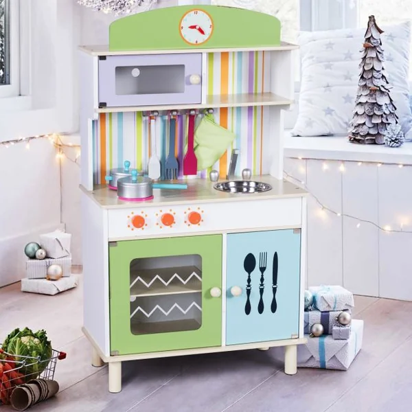 Cuisine en Bois pour Enfant 3+ ans Jeu de Cuisine enfants en pin Jeu Éducatif avec accessoires, vert, 60*30*103.5 cm