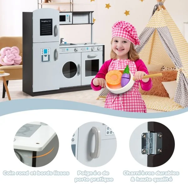 Cuisine Enfant en Bois avec Sons Réel Jouet Cuisinière avec Four Micro-ondes Réfrigérateur etc de 3 à 8 Ans