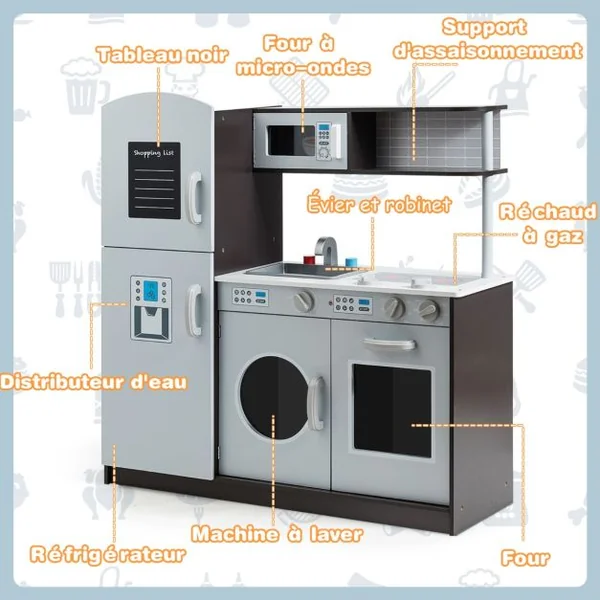 Cuisine Enfant en Bois avec Sons Réel Jouet Cuisinière avec Four Micro-ondes Réfrigérateur etc de 3 à 8 Ans