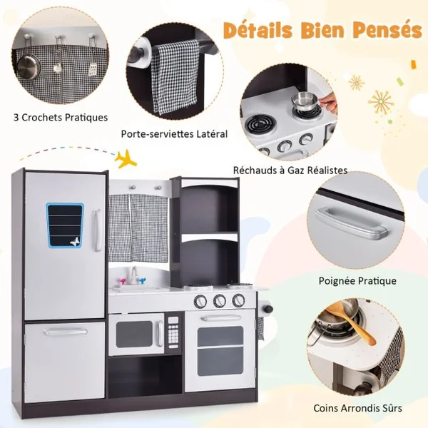 Cuisine Enfant en Sapin Non Toxique avec Réfrigérateur à 2 Niveaux Évier, Four, pour Enfant de 3+ Ans 97 x30 x 95 CM