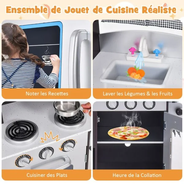 Cuisine Enfant en Sapin Non Toxique avec Réfrigérateur à 2 Niveaux Évier, Four, pour Enfant de 3+ Ans 97 x30 x 95 CM