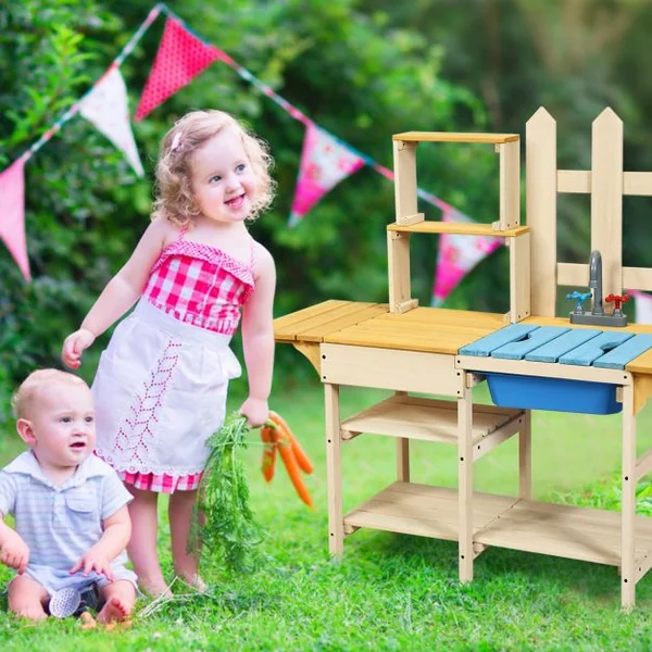 Cuisine Enfant Extérieure avec Robinet Stimulé Etagères Panneau Amovible