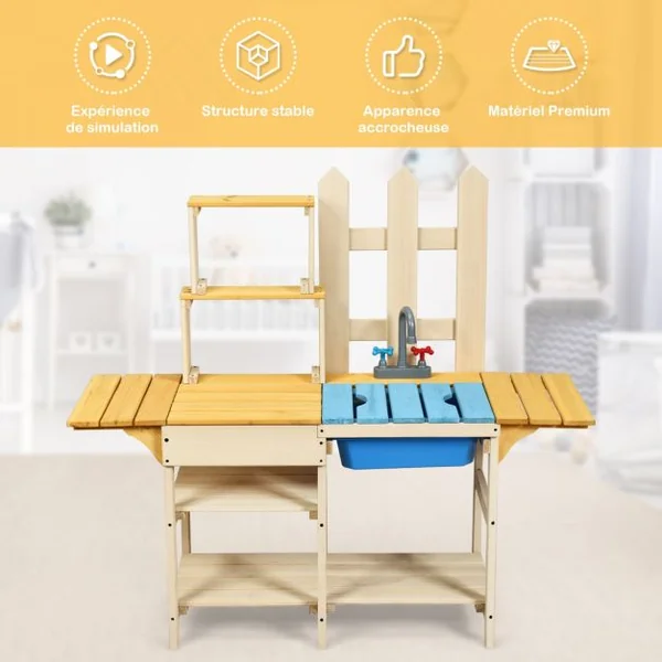 Cuisine Enfant Extérieure avec Robinet Stimulé Etagères Panneau Amovible