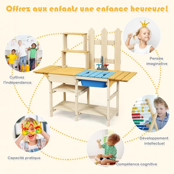 Cuisine Enfant Extérieure avec Robinet Stimulé Etagères Panneau Amovible