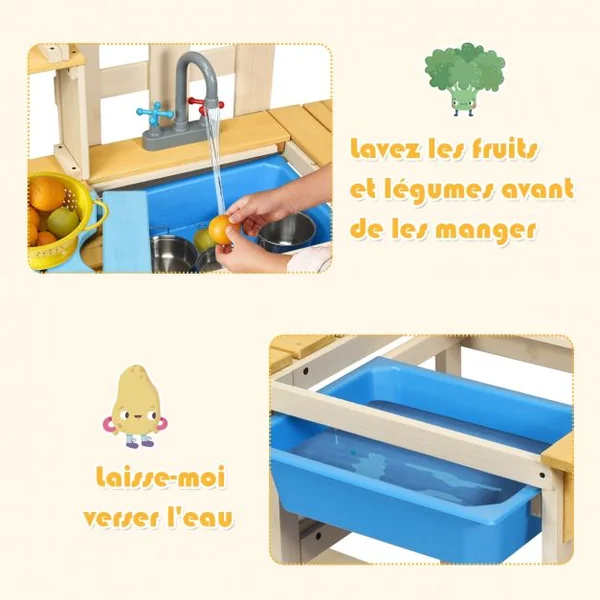 Cuisine Enfant Extérieure avec Robinet Stimulé Etagères Panneau Amovible