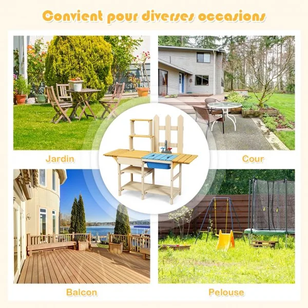 Cuisine Enfant Extérieure avec Robinet Stimulé Etagères Panneau Amovible