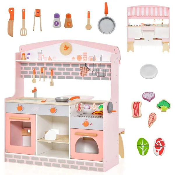 Cuisine Enfants 3-8 Ans 14 Accessoires 2 Face : Restaurant à autre côté Four à rôtir Barbecue Auvent réglable