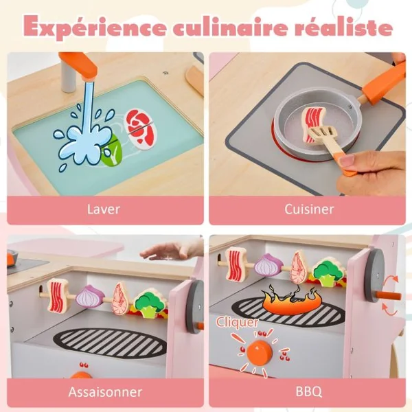 Cuisine Enfants 3-8 Ans 14 Accessoires 2 Face : Restaurant à autre côté Four à rôtir Barbecue Auvent réglable