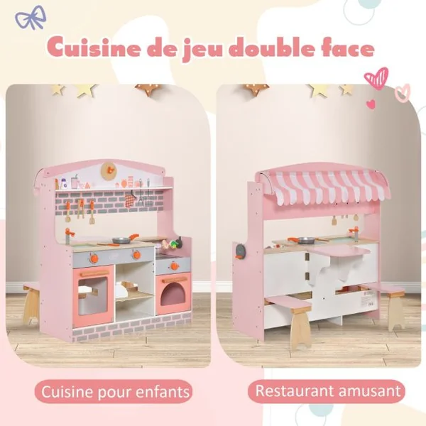 Cuisine Enfants 3-8 Ans 14 Accessoires 2 Face : Restaurant à autre côté Four à rôtir Barbecue Auvent réglable