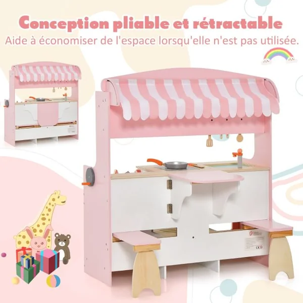 Cuisine Enfants 3-8 Ans 14 Accessoires 2 Face : Restaurant à autre côté Four à rôtir Barbecue Auvent réglable