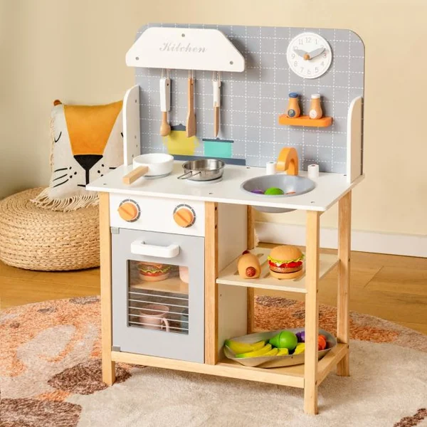 Cuisine Enfants 3 Ans+ en Bois avec Horloge Mignonne Son Réaliste 6 Accessoires Gris